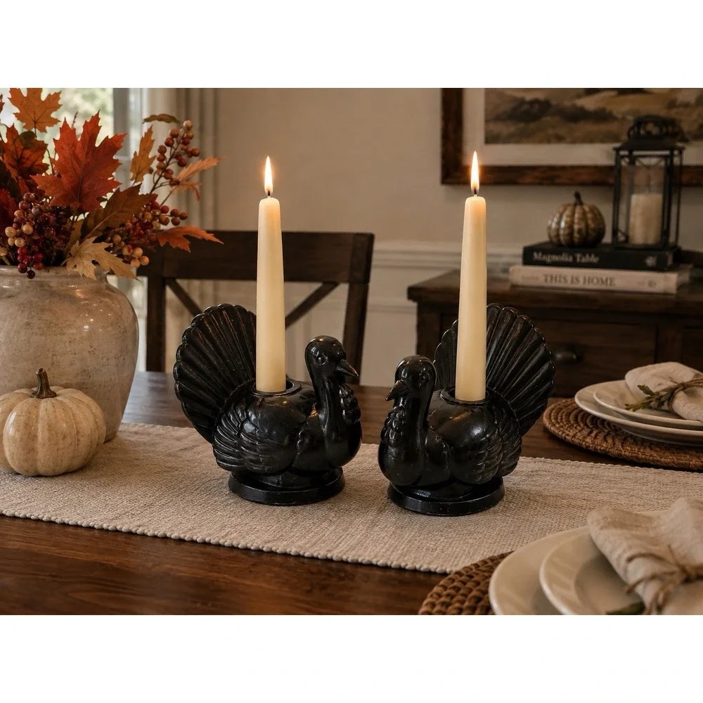 2 POTTERY BARN HEAVY BRONZE FIGURAL TURKEY TAPER CNDLE HOLDERS